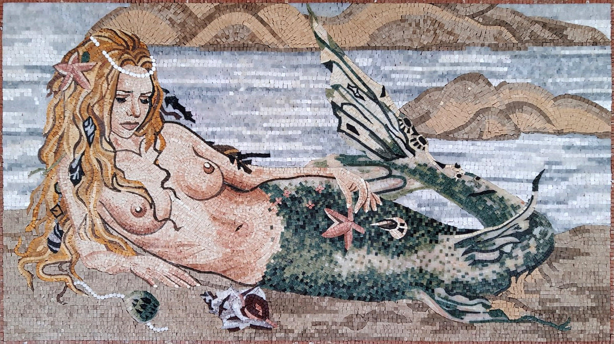 Handmade Mermaid Mosaic Tile Art: Stone Wall Decor (60” x 34”)