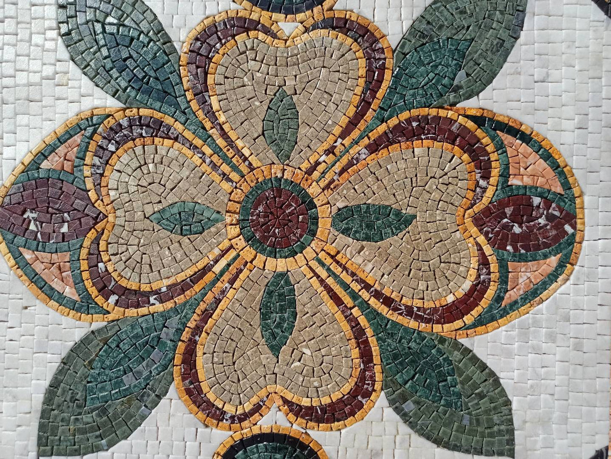 Handmade Floral Marble Mosaic Tile: 24" Square Flower Art