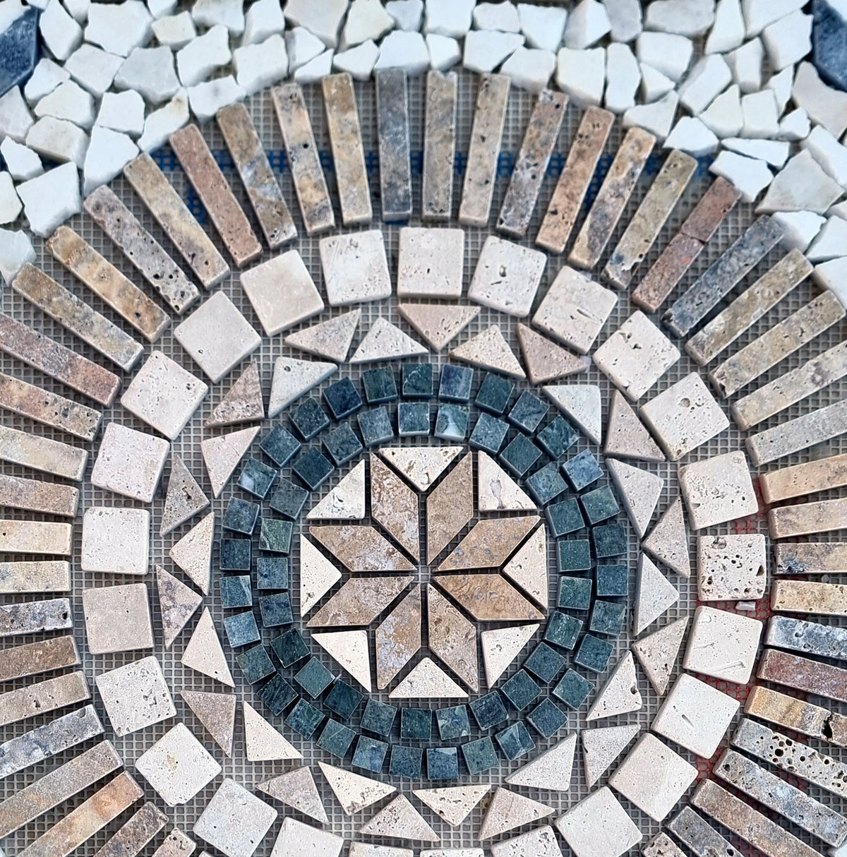 Floral Marble Mosaic Art: Tropical Stone Medallion (24"x24")