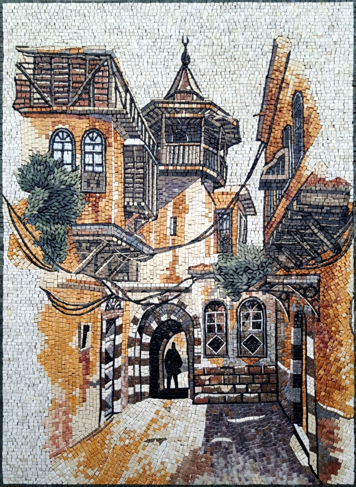 Handmade Damascus Mosaic Tile Art: Old City View, Marble & Stone