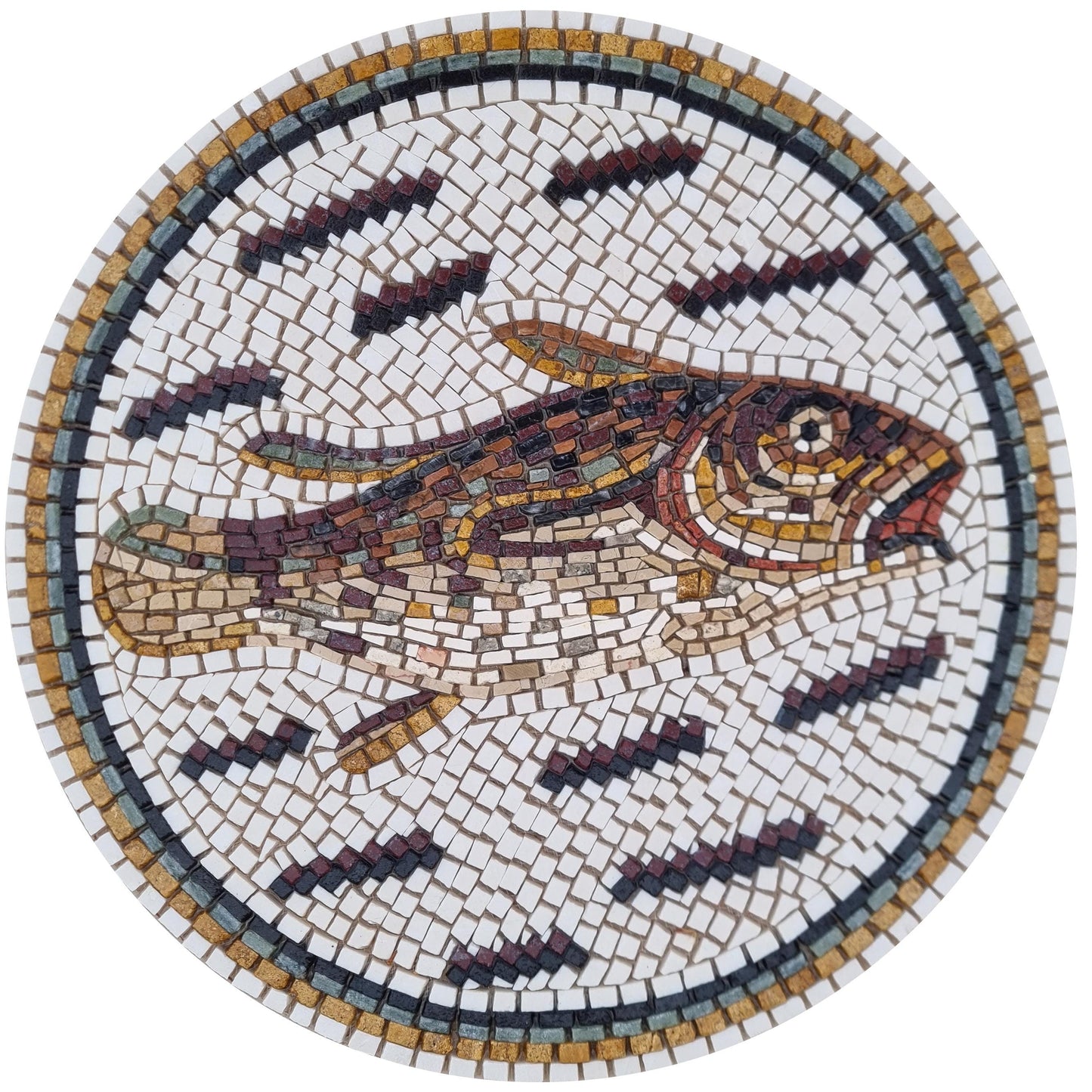 20" Fish Mosaic Medallion – Custom Handmade Marble Tile Art, Nautical Kitchen Backsplash, Customization available
