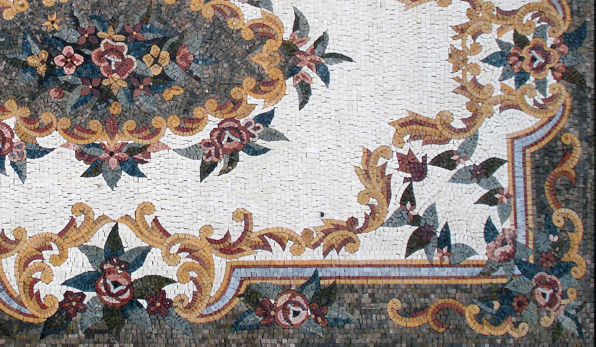 Floral Marble Mosaic Rug: Handmade Stone Art (104” x 60”)