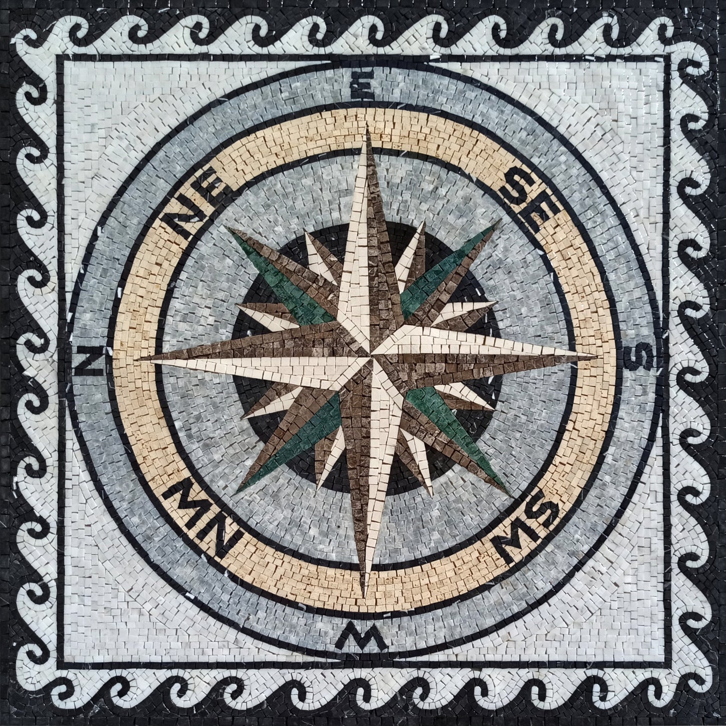 Handmade Marble Compass Rose Mosaic Tile: Indoor/Outdoor Decor (32x32)