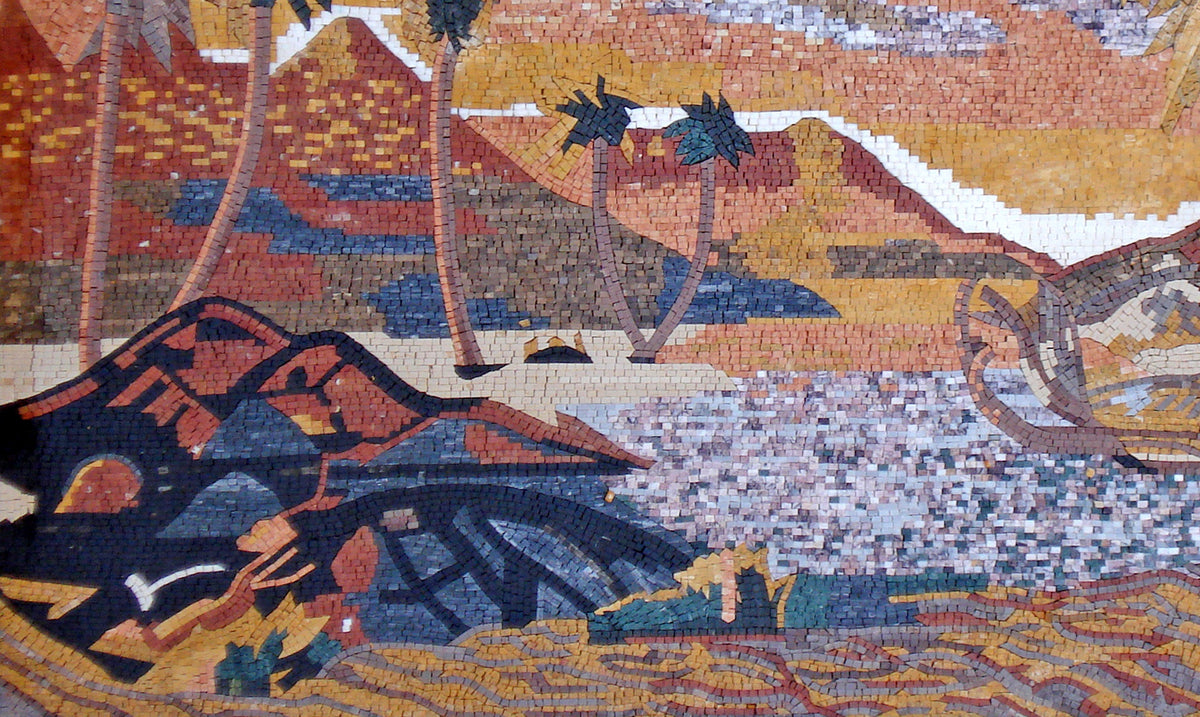 Handmade Desert Mosaic Tile Art: Palm Trees, Lake, Marble Stone