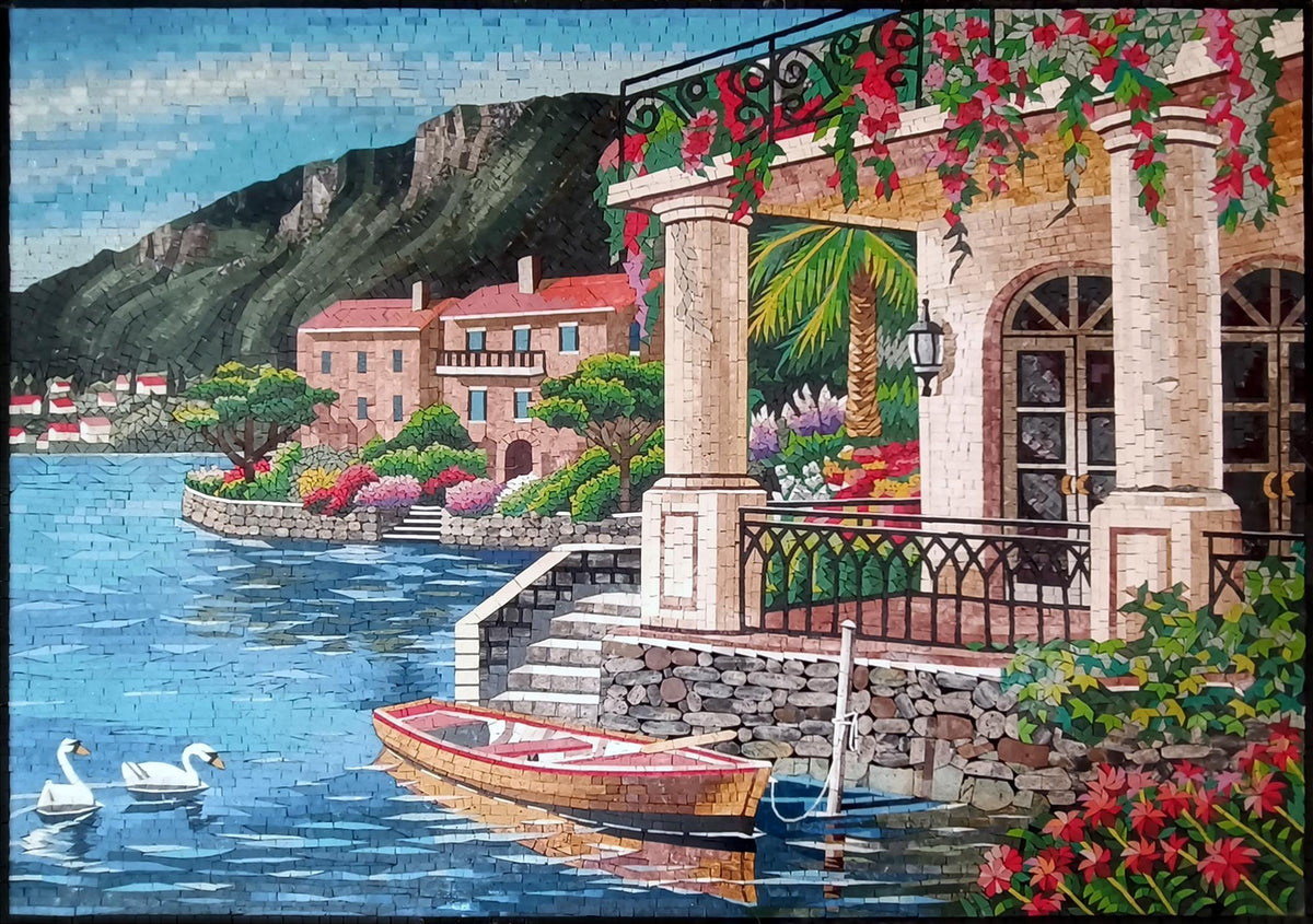 56"x46" Seaside Houses Mosaic Wall Art – Coastal Village Scene, Nautical Home Decor, Customization available