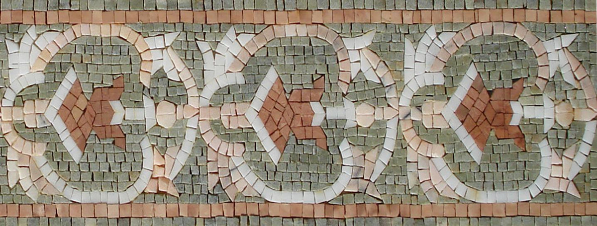 8″ Sage & Rose Border Mosaic – Handmade Marble Tile Trim, Floral Backsplash Accent, Indoor/Outdoor Decoration