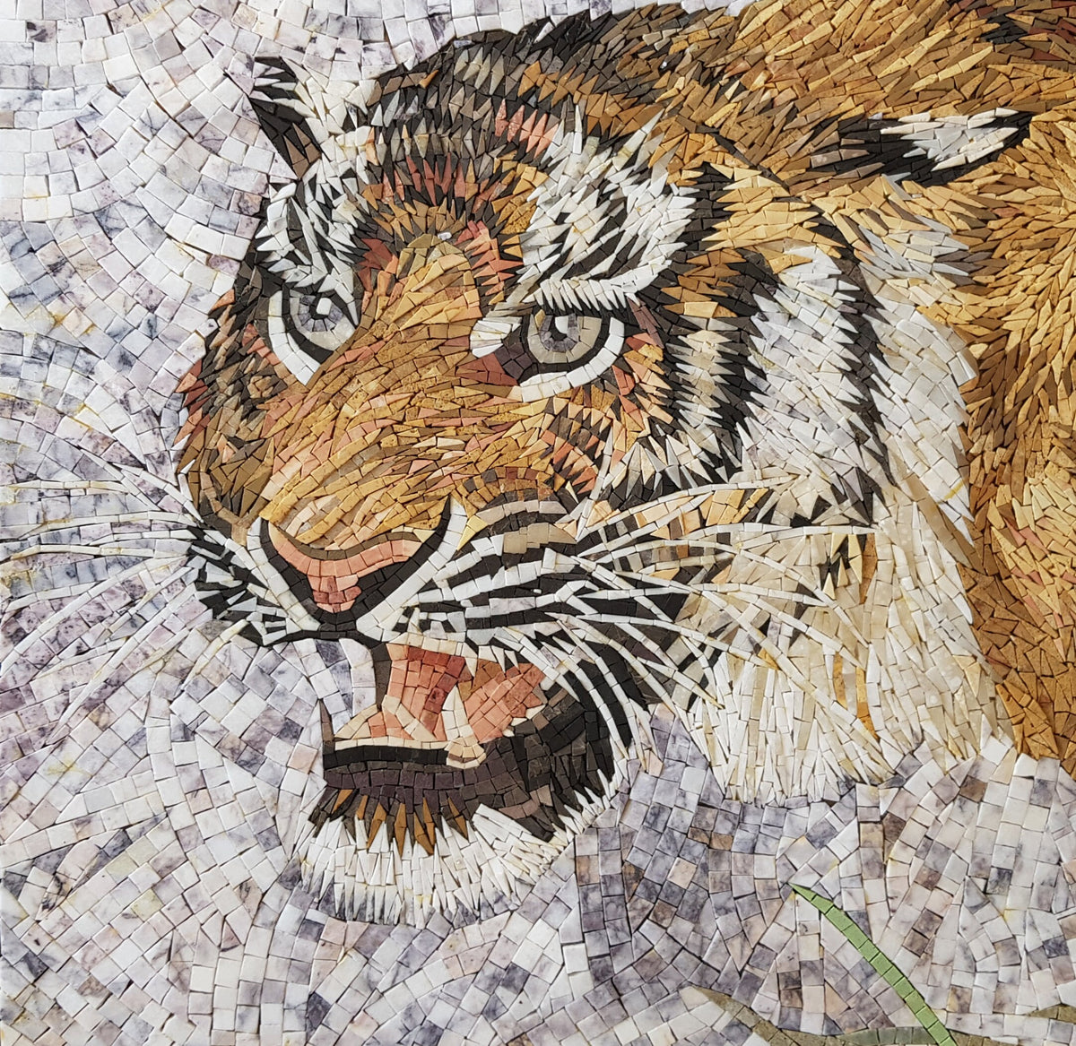 Tiger Mosaic Tile Art: Roaring Wild Animal, Natural Stone