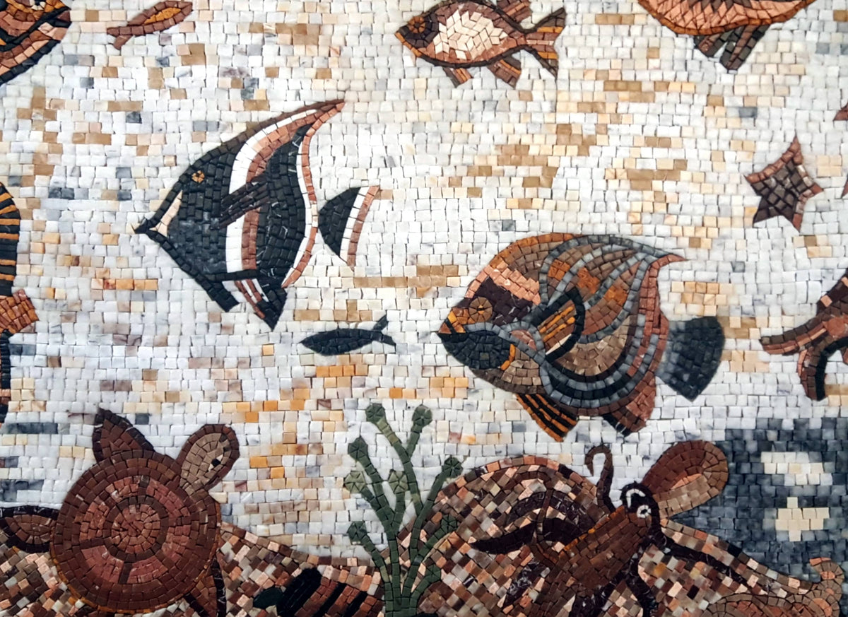 Handmade Coral Fish Mosaic Tile: Marine Life Backsplash (50” x 36")