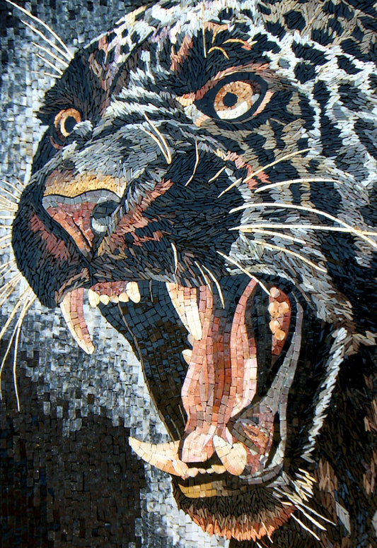 TIGER MOSAIC BACKSPLASH | Wild Jungle Animal Mosaic Tiles For House Warming | Black Tiger Roaring Artwork Tiles For Interior Room Walls