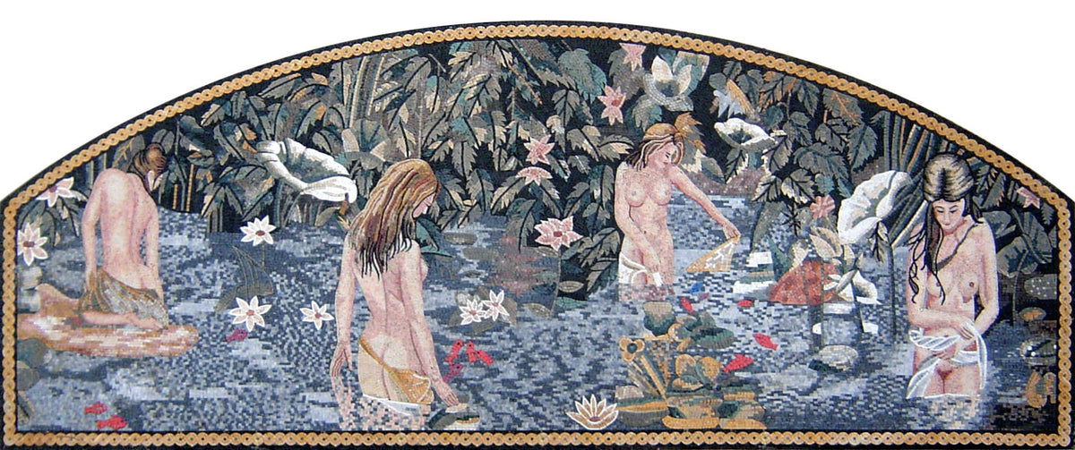 Handmade Women Bathing Mosaic Mural: Floral Pond Marble Tile Art