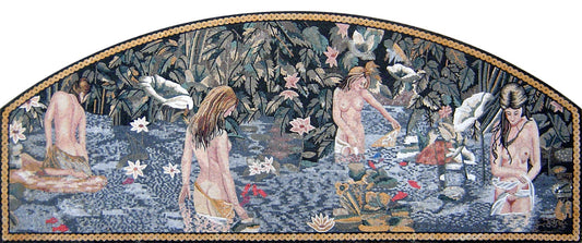 Handmade Women Bathing Mosaic Mural: Floral Pond Marble Tile Art