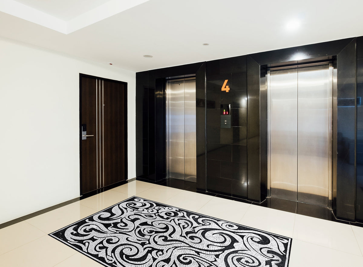 Handmade Waves Pattern Marble Mosaic Rug: Black and White Art