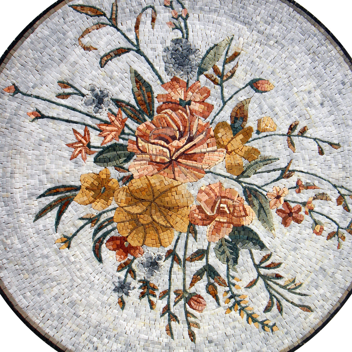 Peach and Goldenrod Blooms: Grey Background Mosaic Medallion with Floral Accents - Customization available