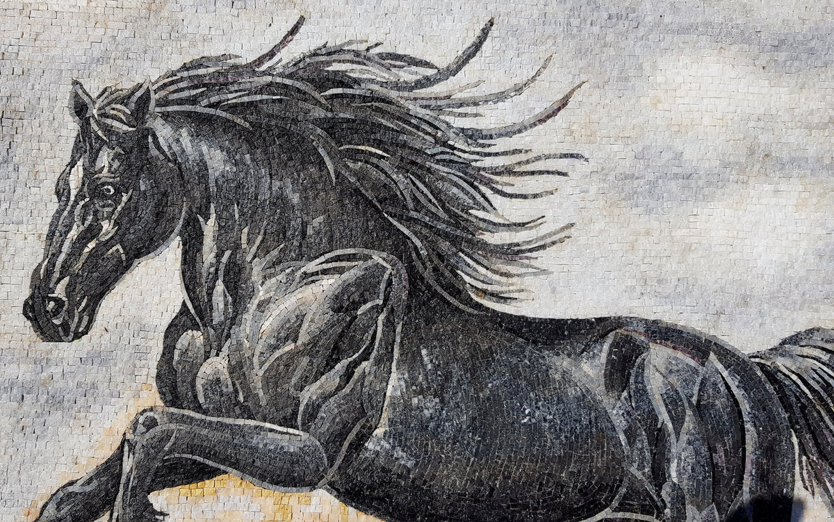 Handmade Marble Mosaic Tile: Black Horse Running Artwork (60” x 40”)