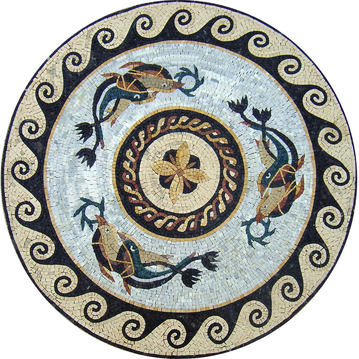 40" Handmade Dolphin-Themed Medallion Marble Mosaic Art Tile Décor - Customization available