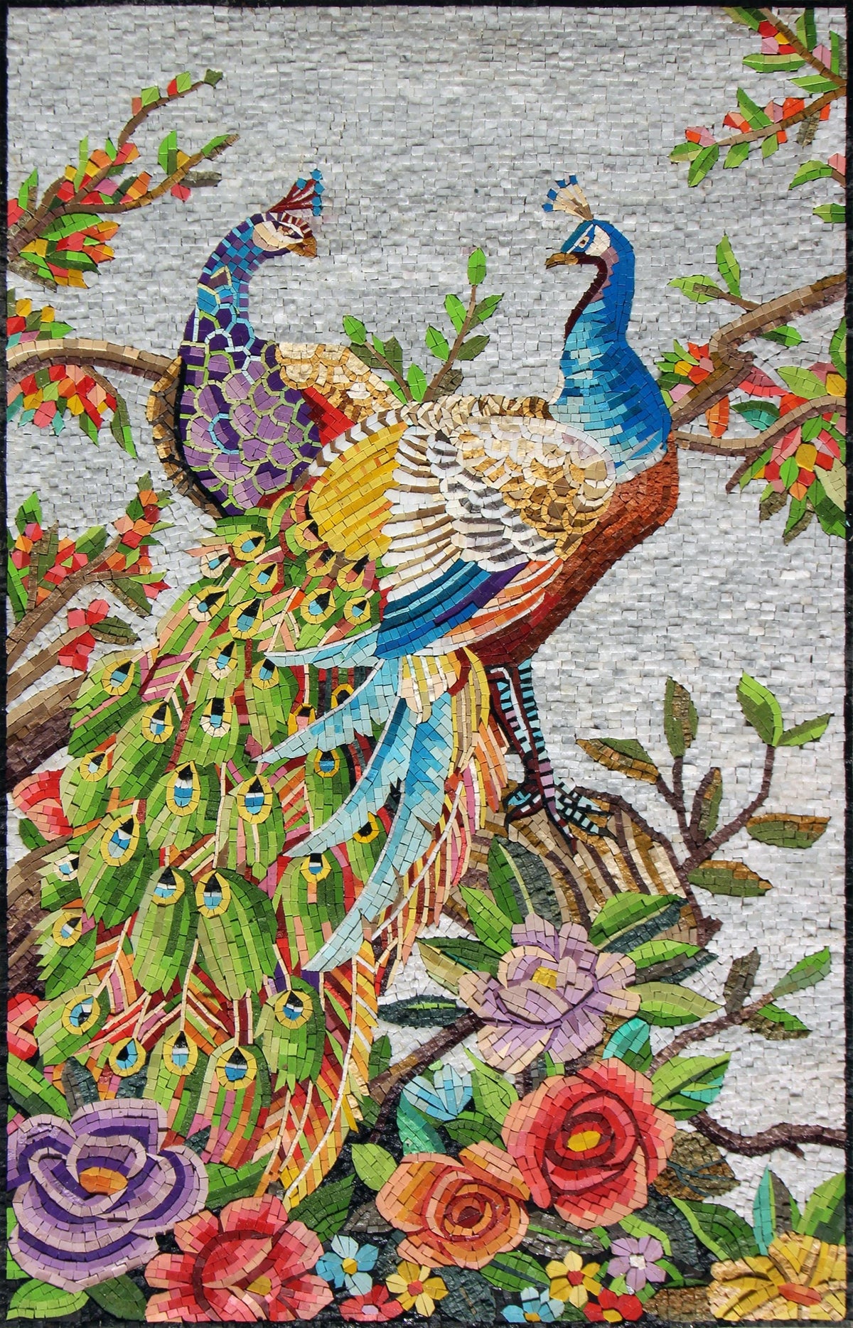 Handmade Peacock Mosaic Tile Art: Floral Tree Wall Decor