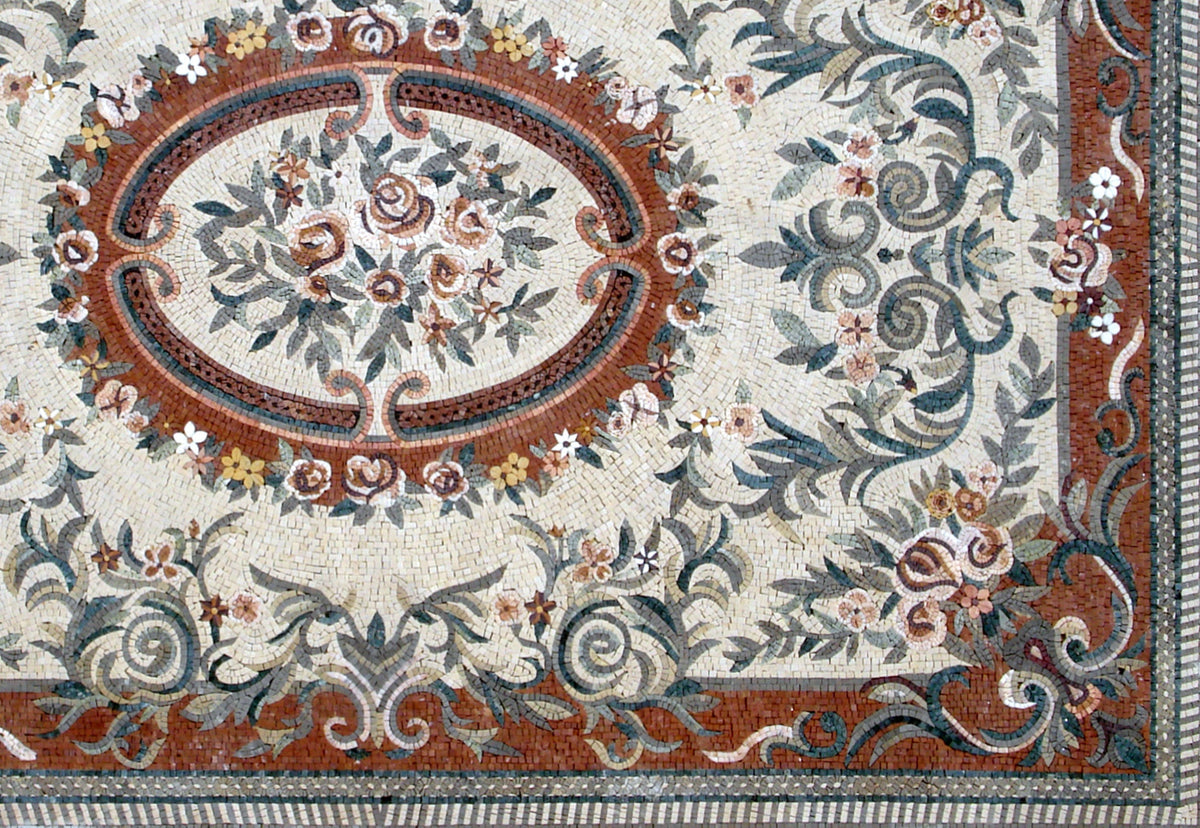 Handmade Floral Marble Mosaic Rug: Dining Room Floor Carpet (92” x 60”)