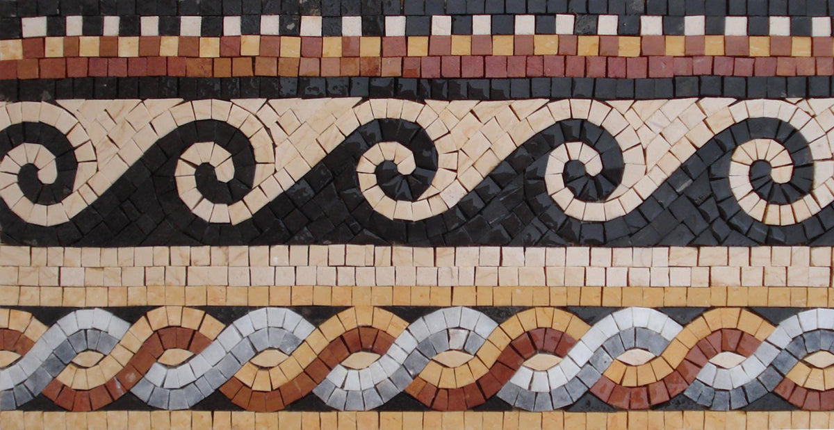 8″ Mediterranean Triple-Pattern Border Mosaic – Handmade Marble Tile Trim, Luxe Backsplash & Wall Accent