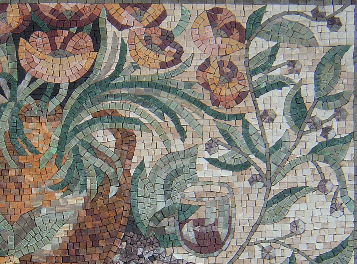 Floral Mosaic Marble Kitchen Backsplash: Handmade Wall Art (32” x 24”)