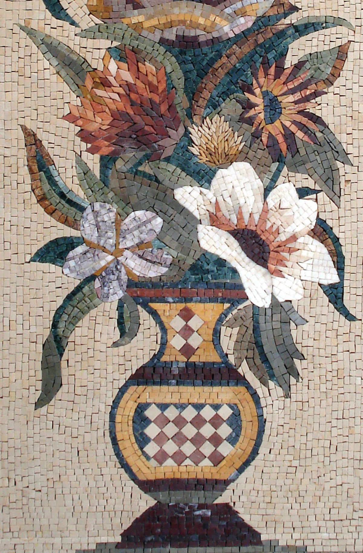 44"x 18" Handmade Marble Mosaic Flower With Leaves In Vases Mosaic Tiles For Kitchen Walls
