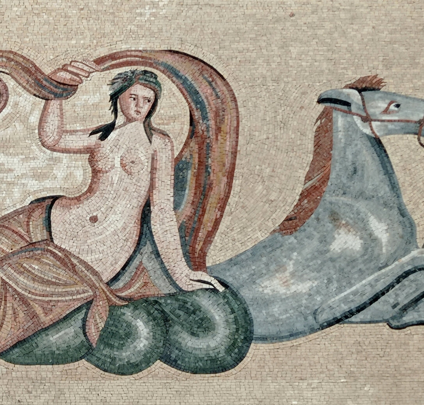 Handmade Nereid & Hippocamp Mosaic Tile Art: Italian Backsplash (66” x 36”)