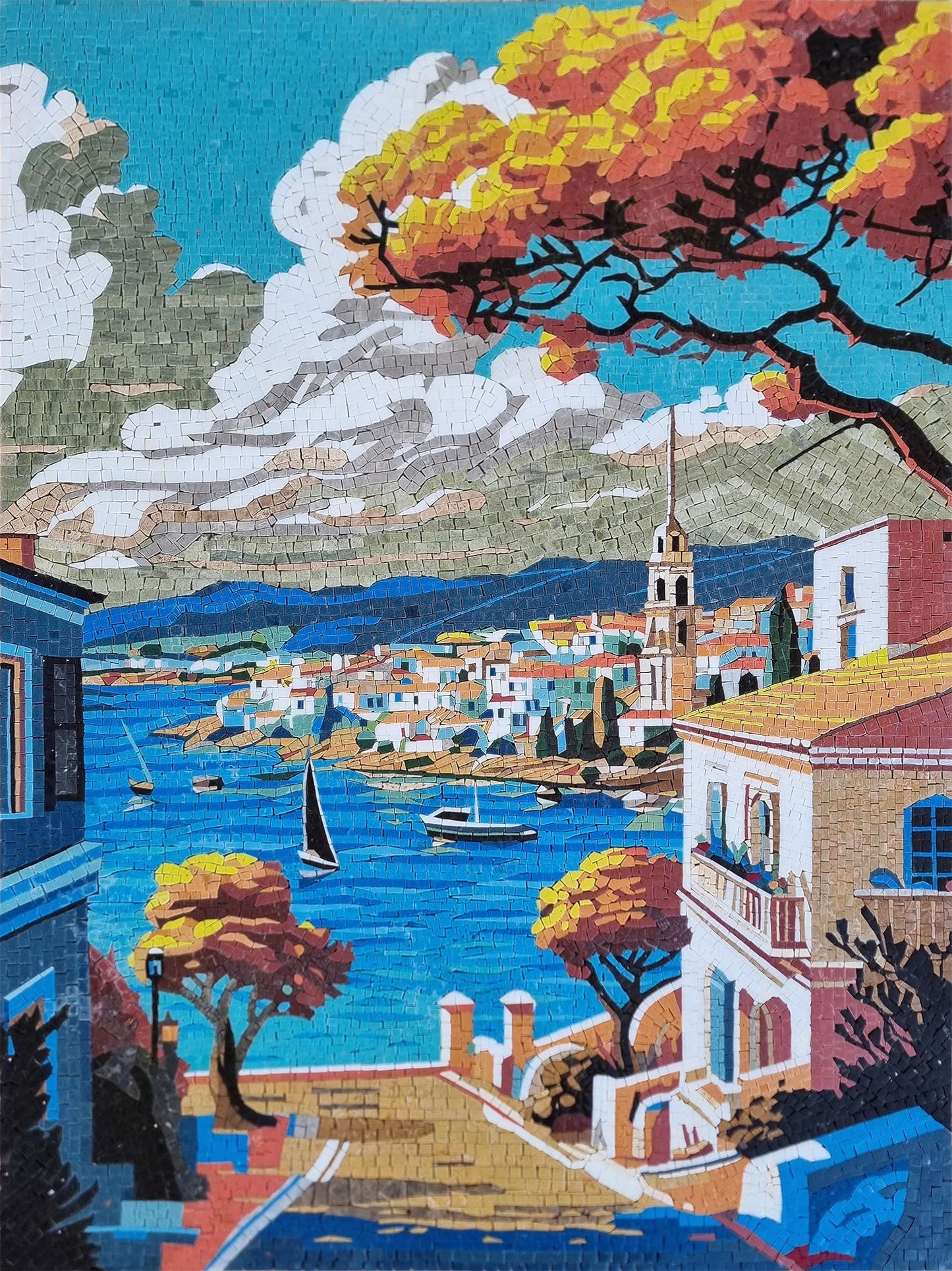 48"x36" Cityscape Mosaic Wall Art - Mountain & Water Scene, Urban Landscape Home Decor, Customization available