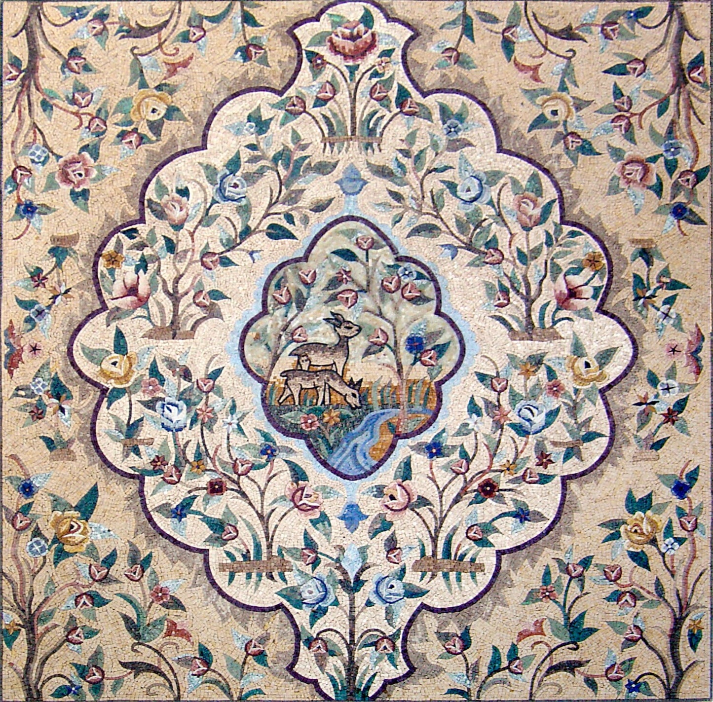 Handmade Marble Mosaic Rug: Animal Art, Floral Home Decor (80x80")