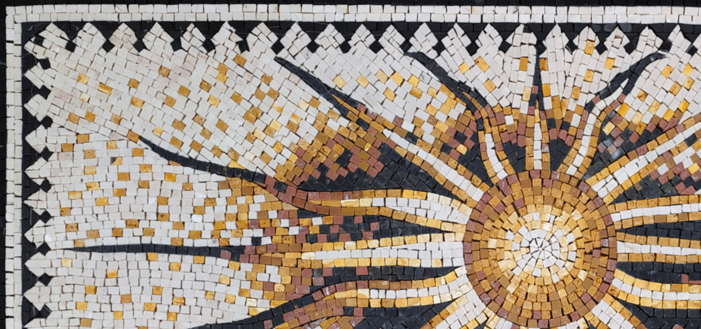 Flaming Sun Marble Mosaic Rug: Handmade Celestial Tile Art