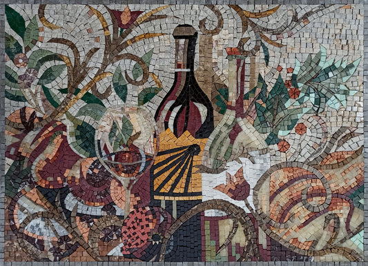 Tuscan Wine Mosaic: Handmade Marble Still Life Backsplash (24” x 16")