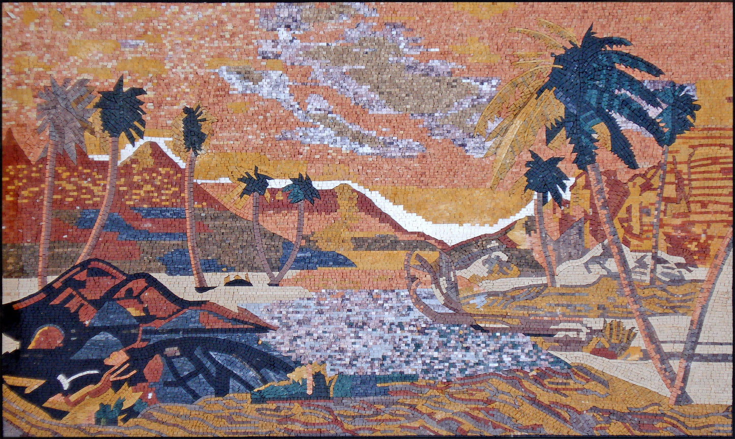 Handmade Desert Mosaic Tile Art: Palm Trees, Lake, Marble Stone
