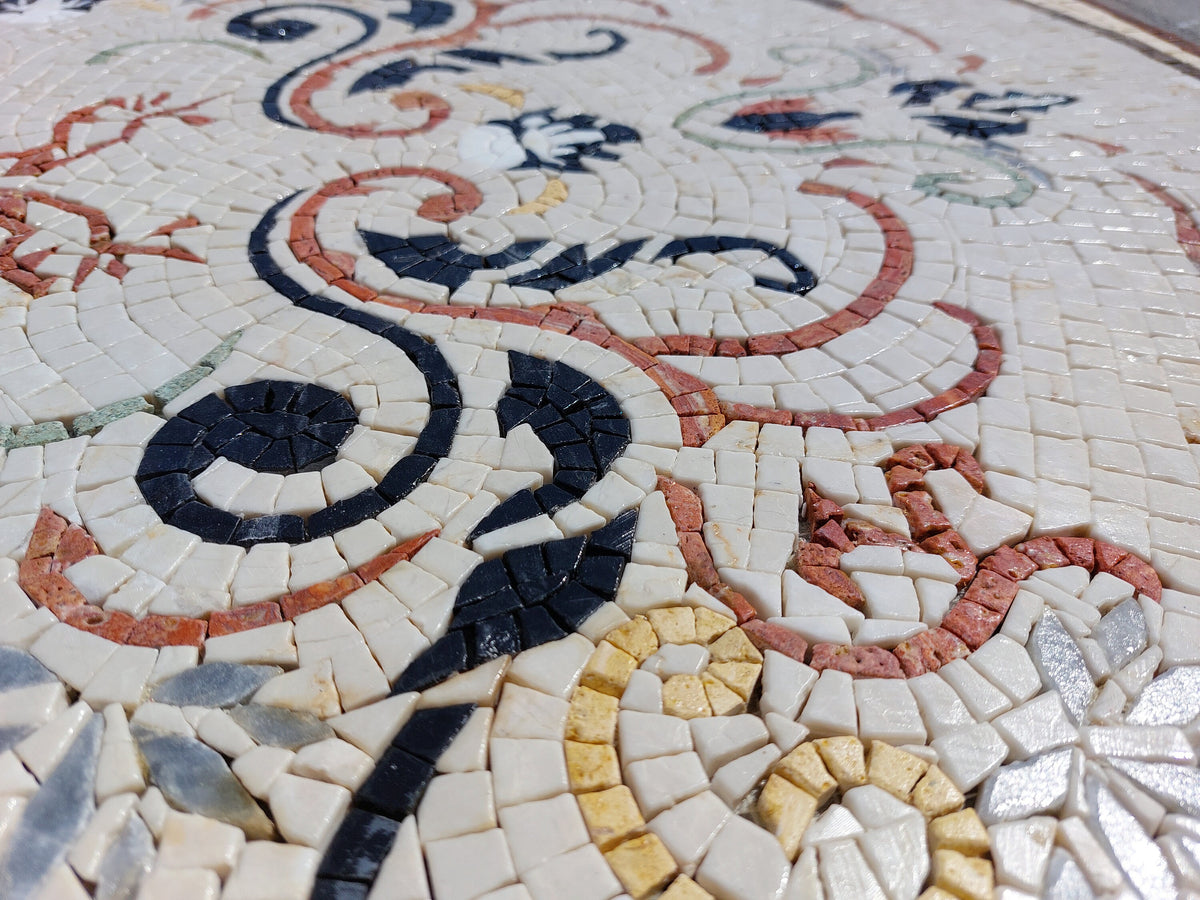 Handmade Floral Mosaic Tile: Geometric Marble Mural (32x32)