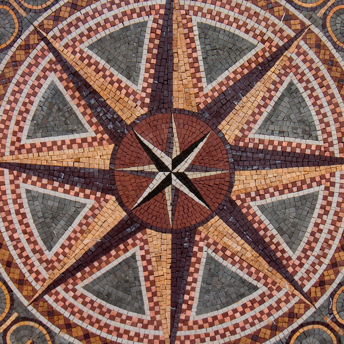 Handmade Marble Mosaic Medallion: Compass Rose Nautical Flooring Tile