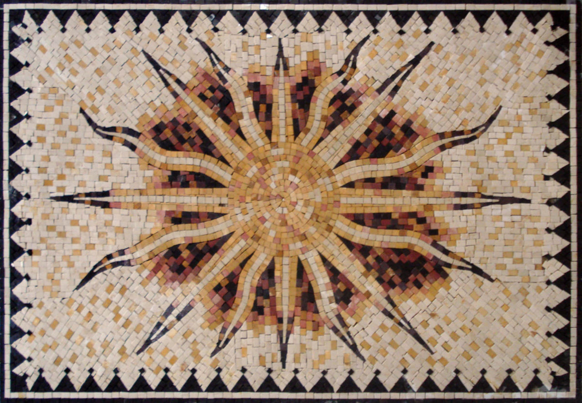 Flaming Sun Marble Mosaic Rug: Handmade Celestial Tile Art