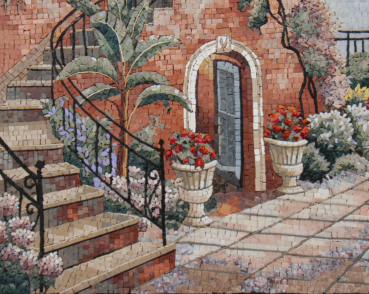 Handmade Seascape Mosaic Tile Art: Vintage Coastal Courtyard (40” x 32”)