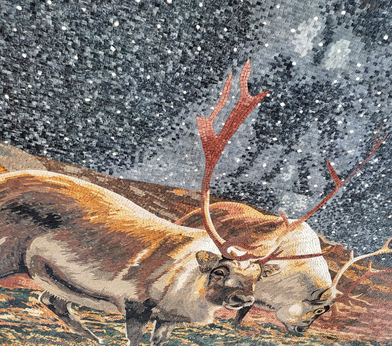 Reindeer Mosaic Tile Art: Handmade Marble Starry Night Wall Decor