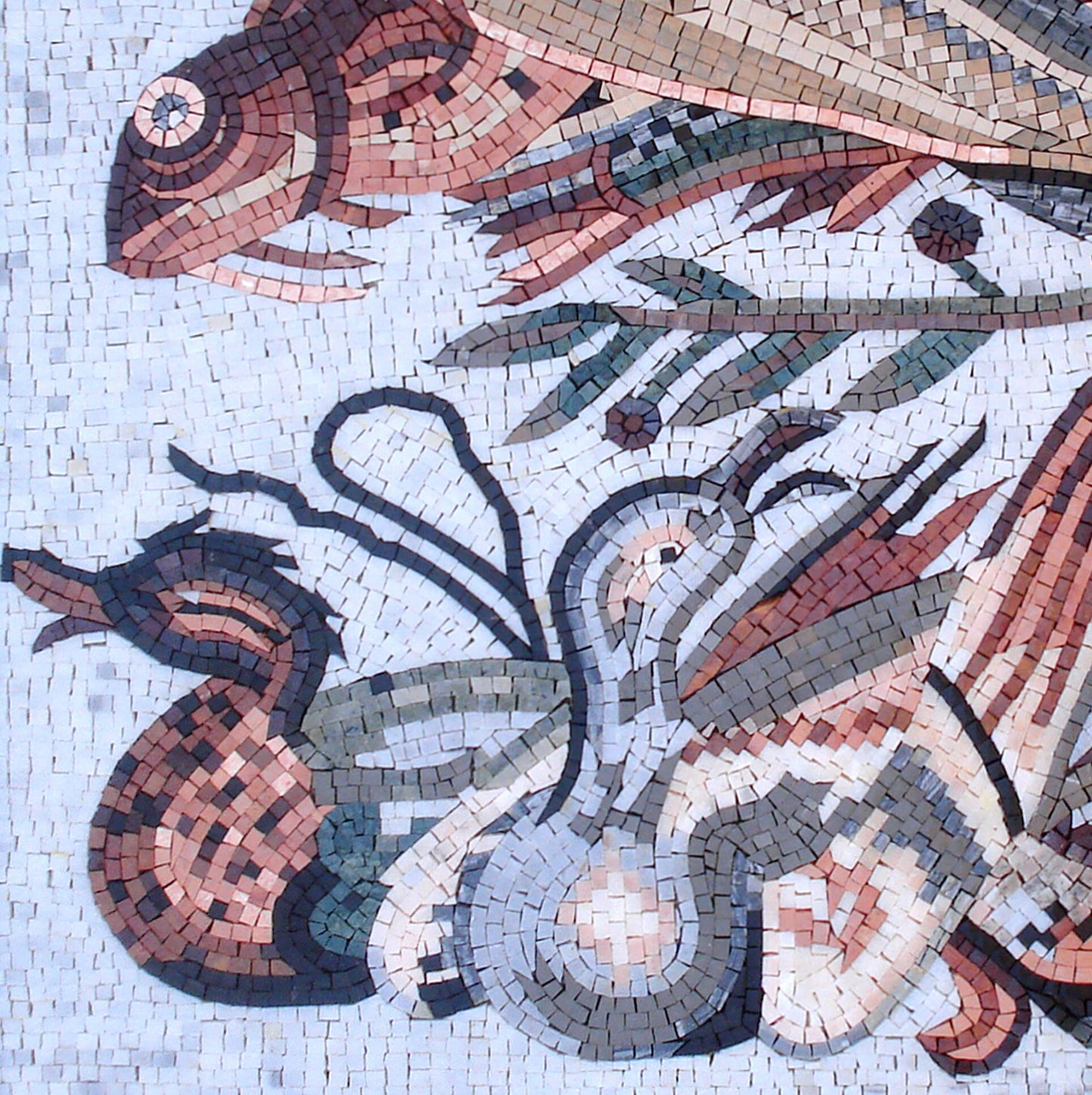 Duck & Fish Mosaic Tile Art: Handmade Marble Wall Decor (32" x 32")
