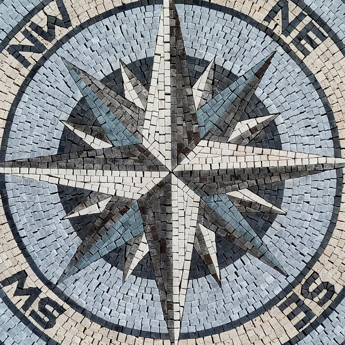 Nautical Essence - Round Mosaic Design - Compass Rose in Storm Grey Mosaic Medallion - Customization available