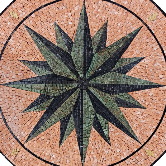 Handmade Compass Rose Mosaic Tile: Nautical Stone Medallion (32" Diameter)