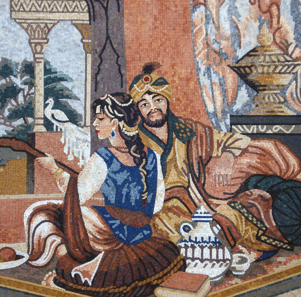 Handmade Mughal Couple Mosaic Tile Art: Royal Home Decor (58” x 58")