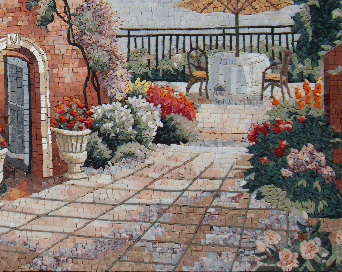 Handmade Seascape Mosaic Tile Art: Vintage Coastal Courtyard (40” x 32”)