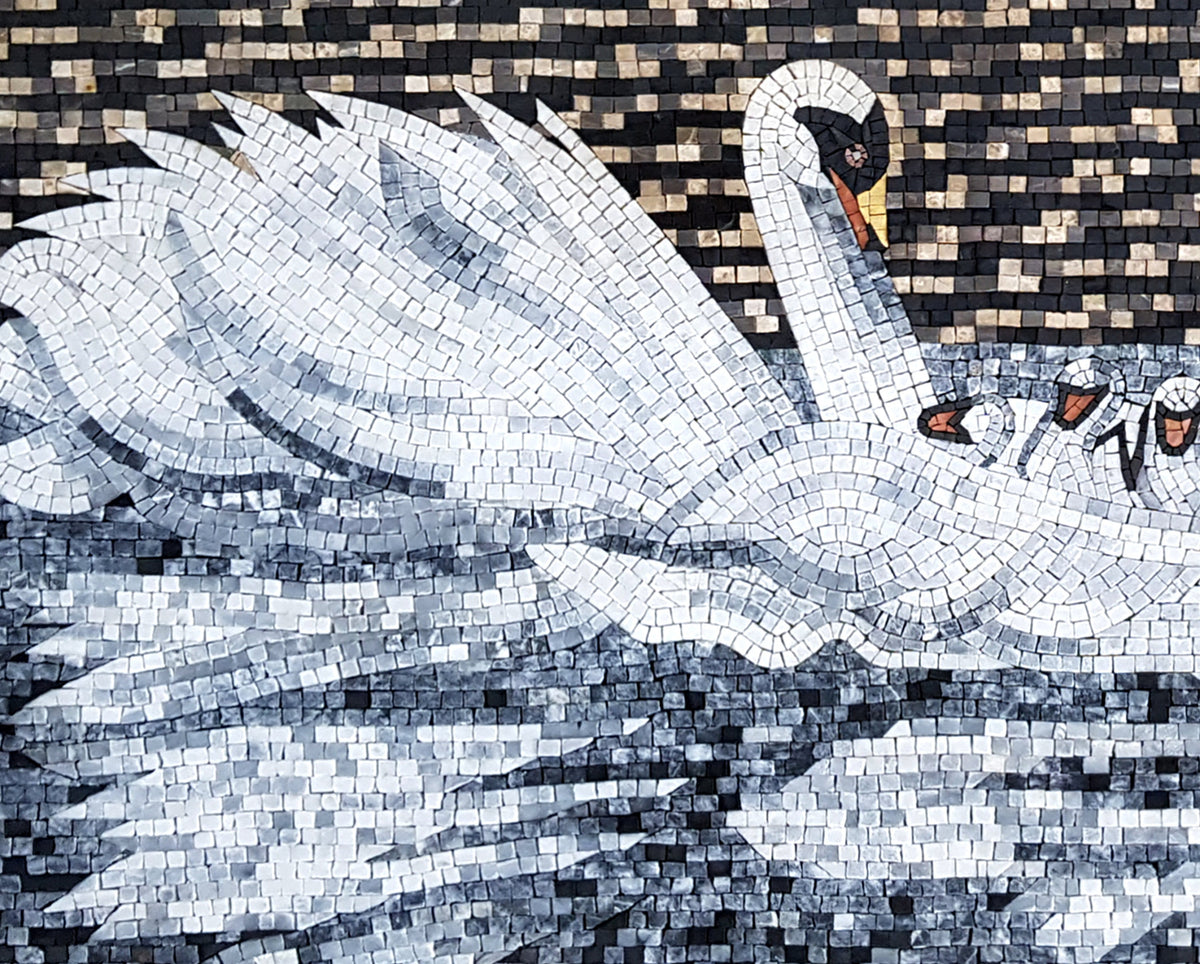 Handmade Swans Mosaic Tile Art: Marble Stone Wall Decor (36” x 28”)