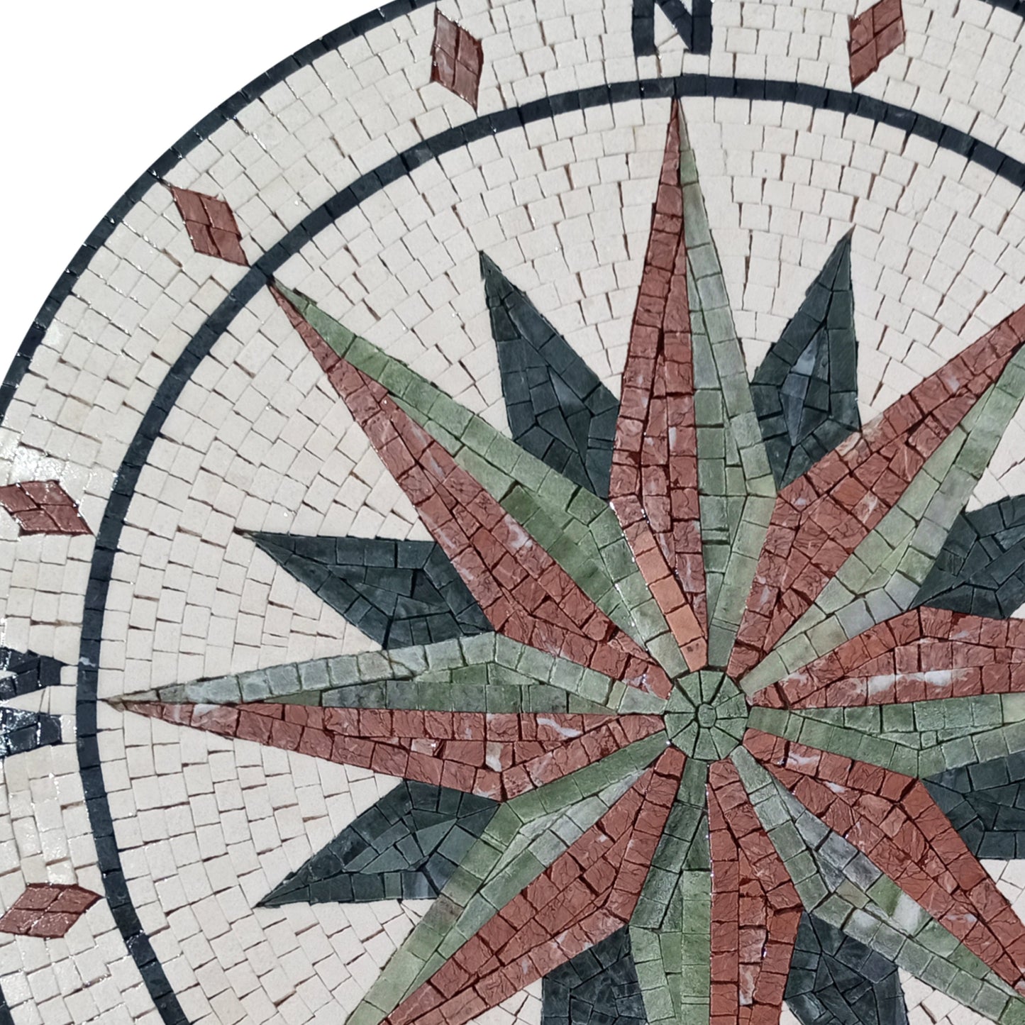 Handmade Compass Rose Mosaic Medallion Tile Art: Pink & Green Marble (32")