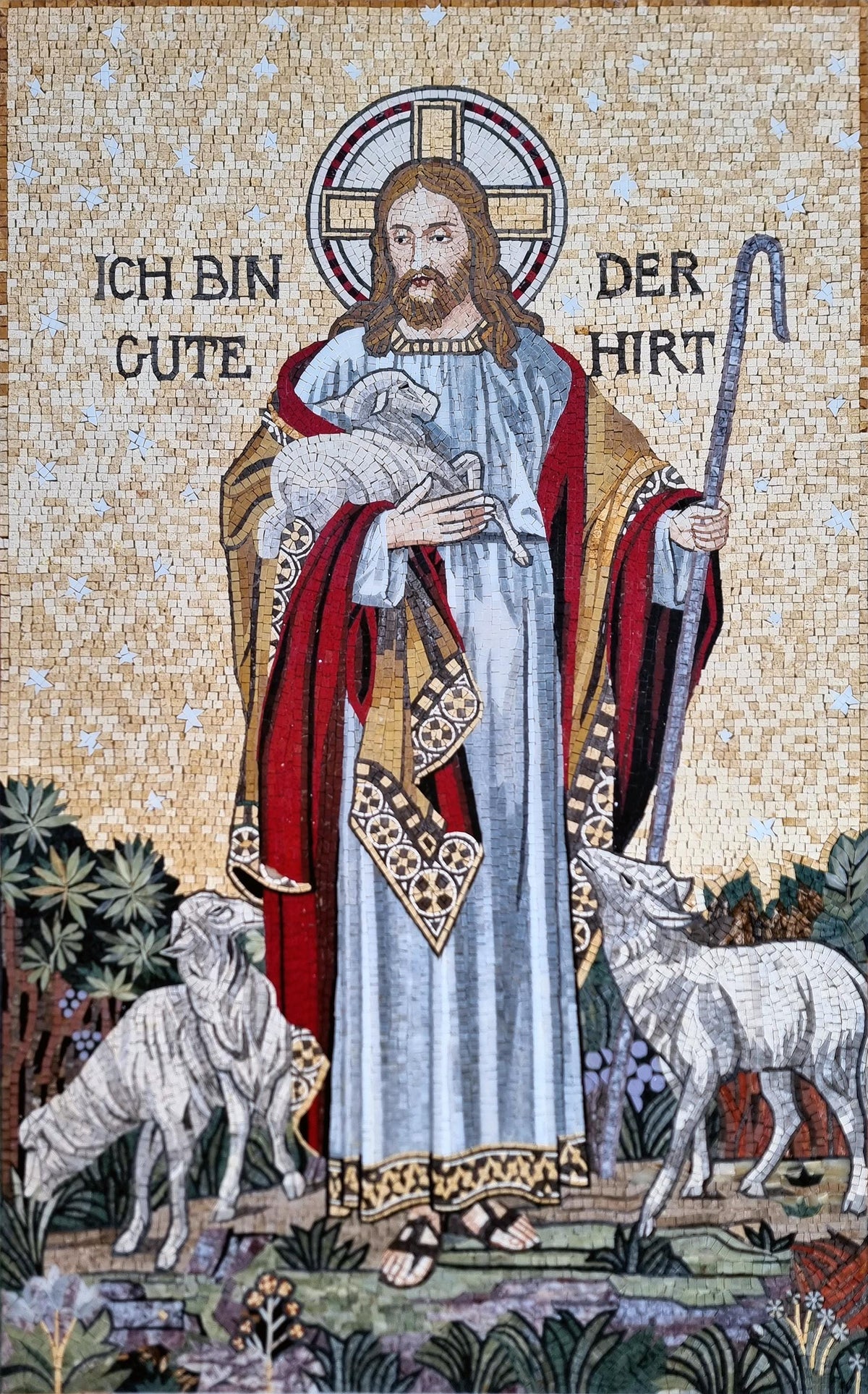 64x40 Jesus Holding Sheep Mosaic Wall Art – The Good Shepherd, Religious Home Decor, Customization available