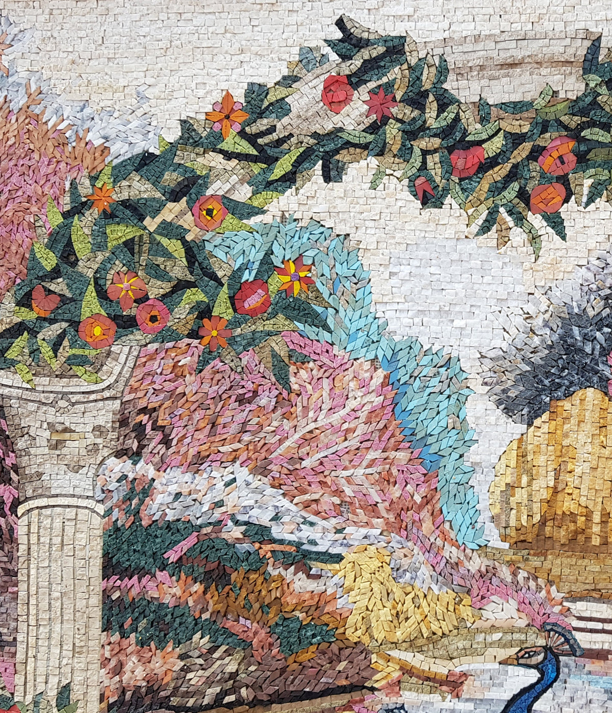 Handmade Peacock Mosaic Tile Art: Botanical Floral Wall Decor (56” x 40")