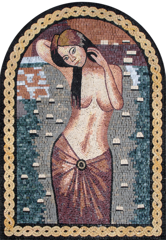 Handmade Woman Portrait Mosaic Tile Mural: Marble Stone Art