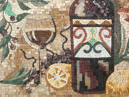 Handmade Marble Mosaic Mural: Wine & Fruit Kitchen Wall Art