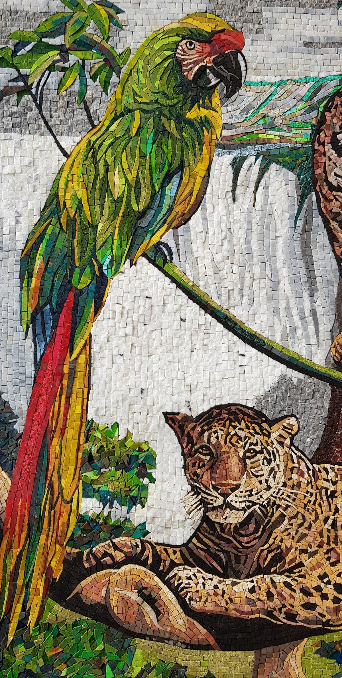 52"x40" Jungle Mosaic Wall Art – Handmade Marble Tile Artwork Featuring Parrots and Tiger, Customization available