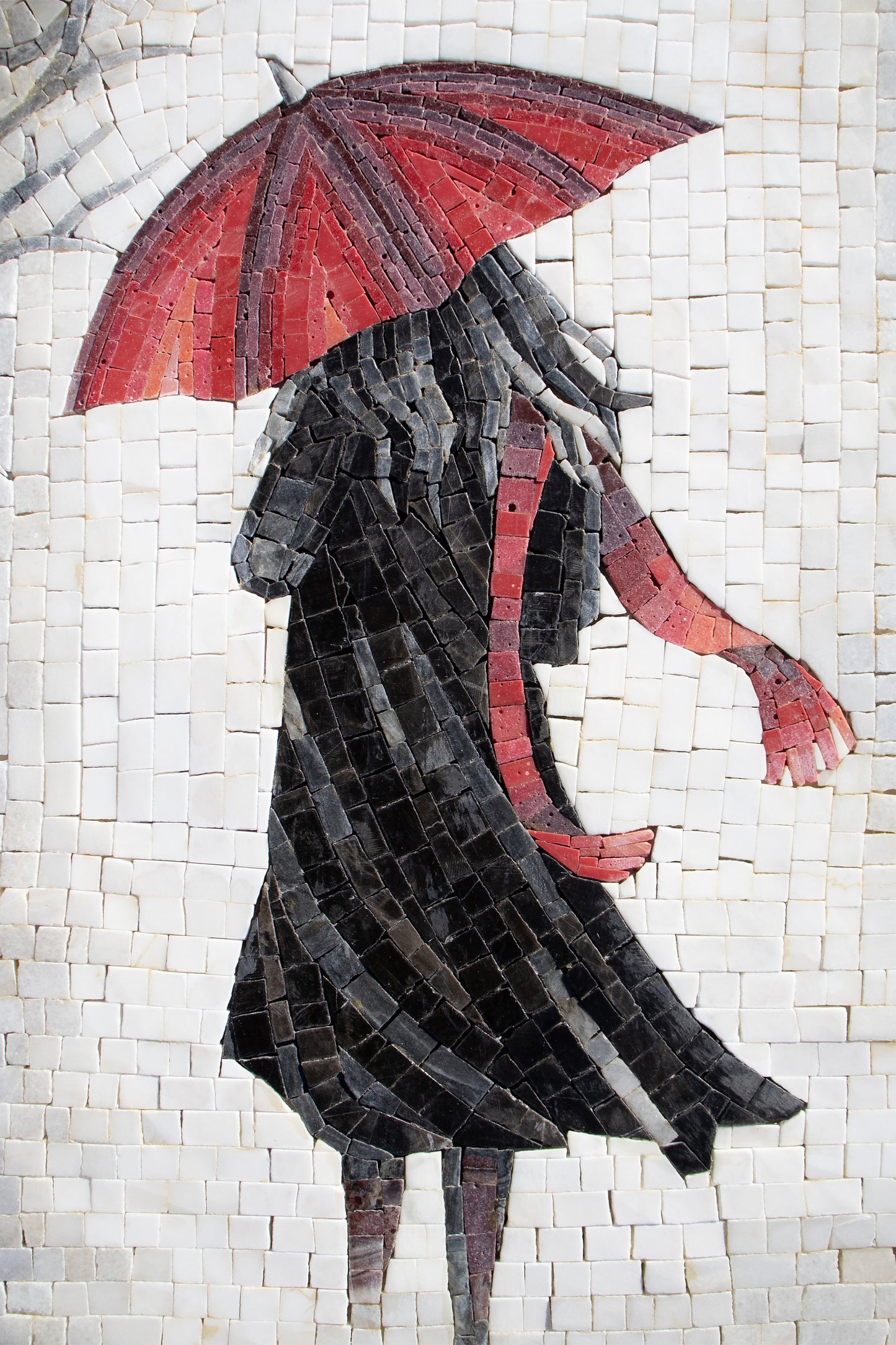 Handmade Marble Mosaic Art: Women in Rain with Red Umbrella (28” x 20”)