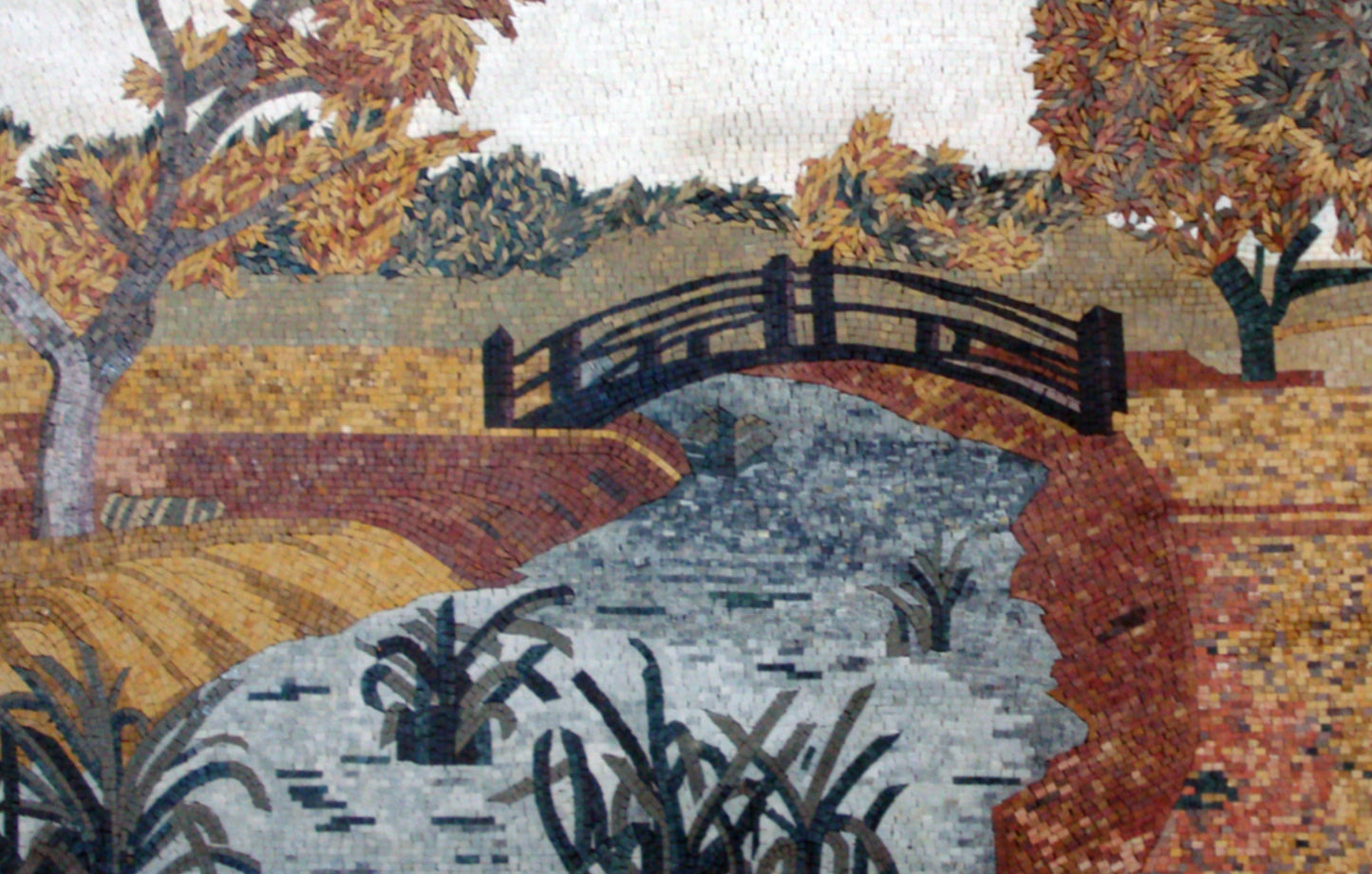 Handmade Marble Mosaic Tile: Autumn Bridge Scene Wall Art (62” x 40")