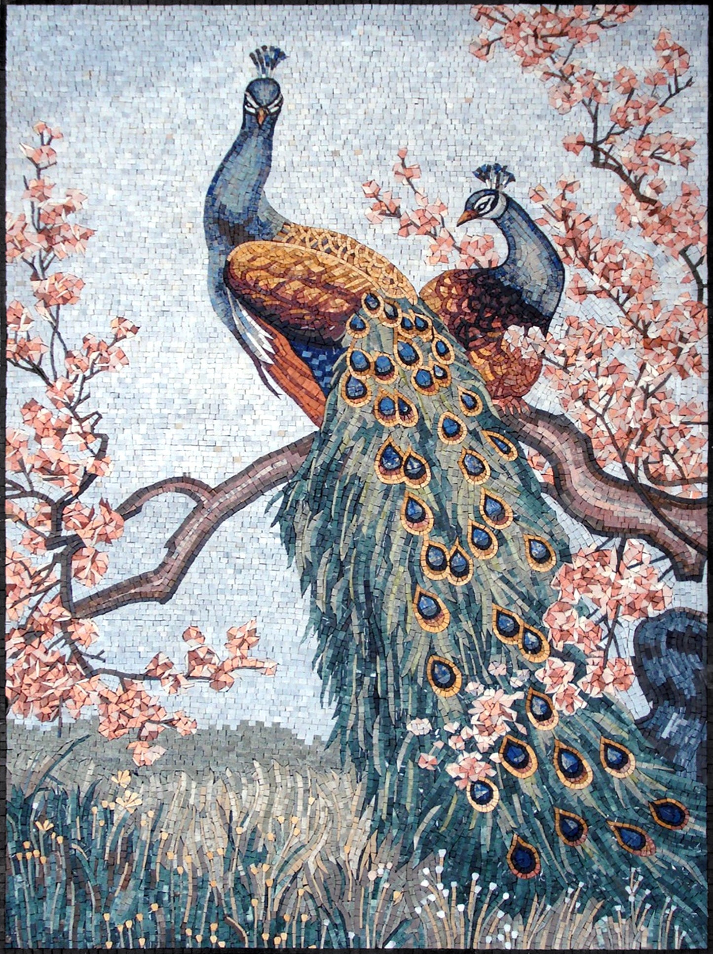 Handmade Peacock Mosaic Tile Art: Cherry Blossom Tree, 64"x48"